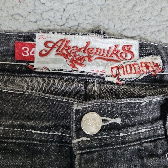 Vintage Akademiks Jeans 34 Black Faded Denim Y2K Hip Hop Rap Wide Leg Baggy - Picture 5 of 9